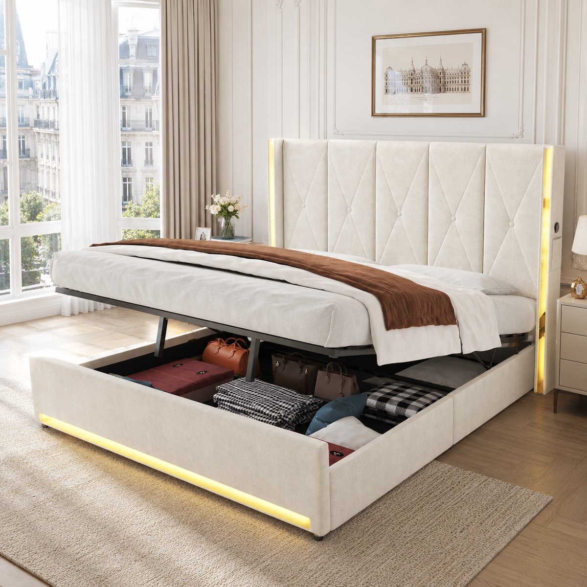 REDOM - Bed - Hoog gestoffeerd hoofdbord - Hydraulische opbergruimte met LED en USB/Type-C - Moderne stijl - Slaapkamer - Stof - Beige - 190 x 213 x 141 cm
