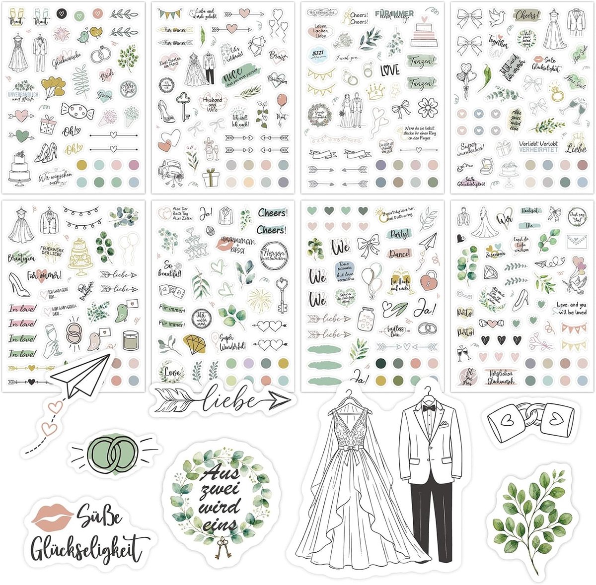 MJ032 Bruiloftsstickers - 1 vel met stickers voor bruiloft - gastenboek - fotoalbum en scrapbooking - decoratieve stickers voor uitnodigingen - enveloppen en details - elegant vintage design