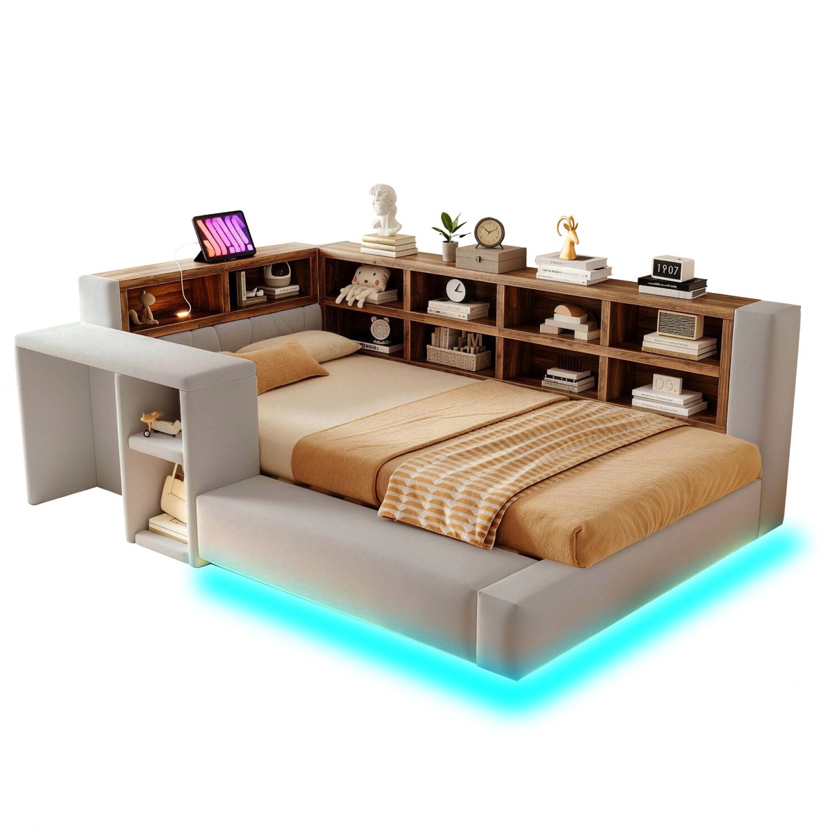 Merax Gestoffeerd Bed 90 x 200 cm - Bed Met Opbergruimte - LED Verlichting - Stopcontact - Zijtafel - Fluweel - Lichtgrijs