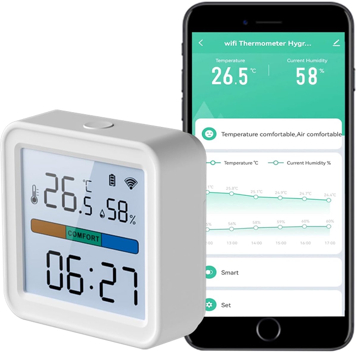 Wi-Fi thermometer hygrometer - 3,75 inch LCD - app bediening - intelligente dataopslag - SnelShoppen