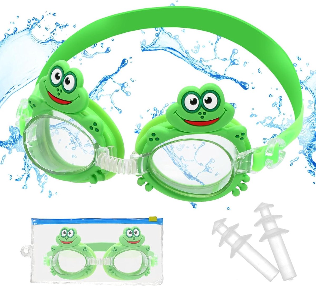 Zwembril voor Kinderen - Met Oordopjes en Opbergtas - Leuk Kikkerdesign - Duidelijk Zicht en Comfortabel - SnelShoppen