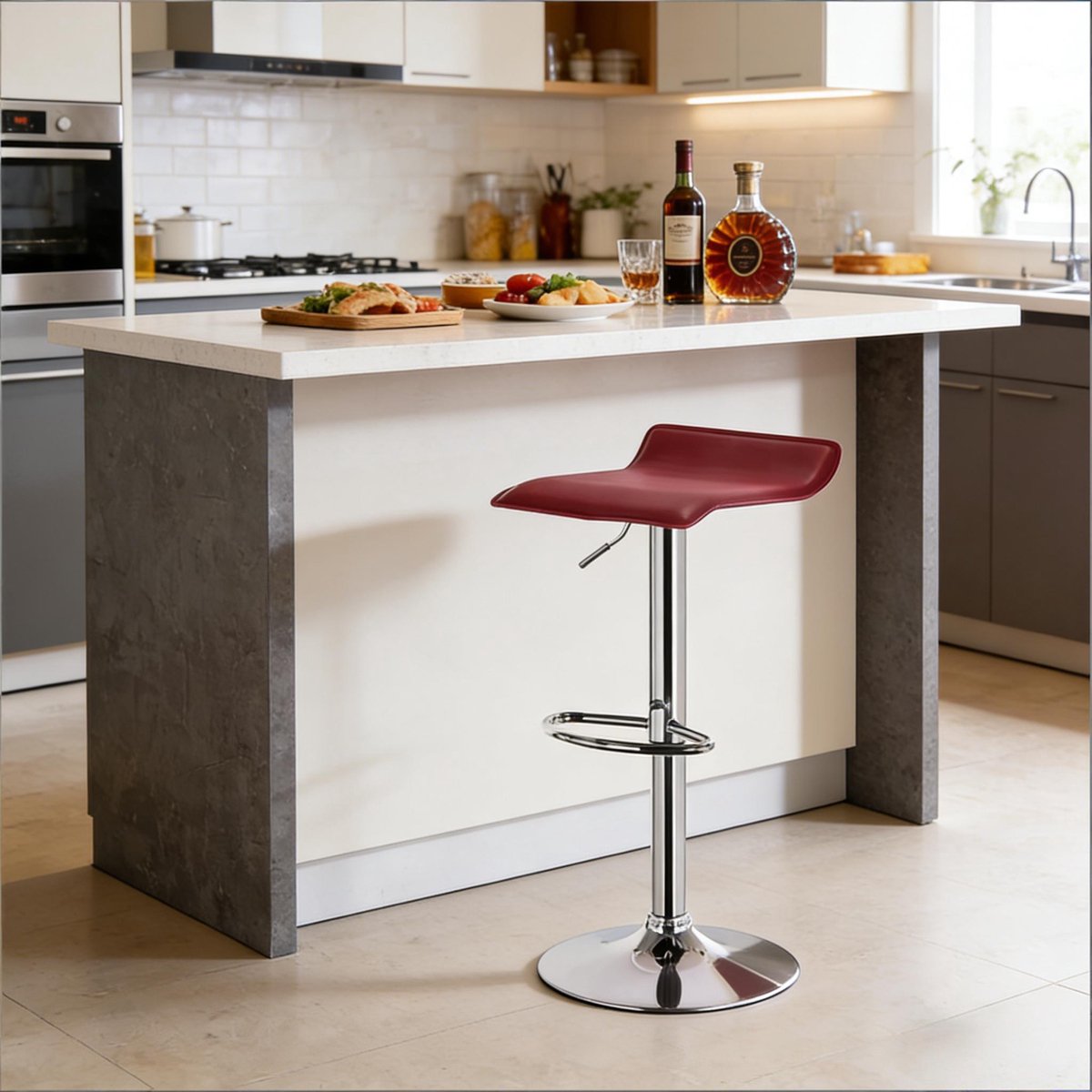 DESMIU Barkruk 62-84 Cm - 360 Graden Draaibaar En Verstelbaar Met Rugleuning En Voetsteun - Voor Keuken Bar En Bistro - Kunstleer - Wijnrood