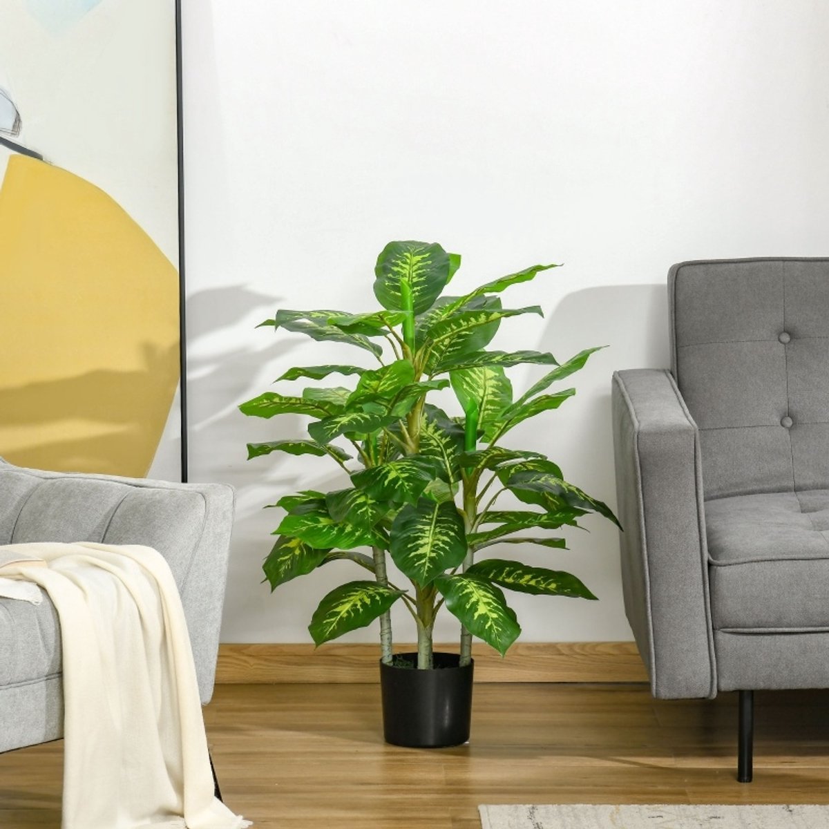 Kunstplant Dieffenbachia 95 Cm Kunststof Groen Met Zwarte Cementpot Voor Binnen En Buiten Onderhoudsvrij En Realistisch