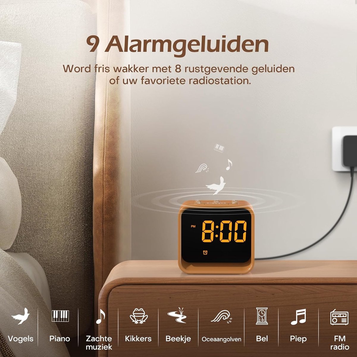 Digitale Wekker met FM Radio – 24 Slaapgeluiden – Dimbaar Display – 7 Kleuren Nachtlamp – Houtlook