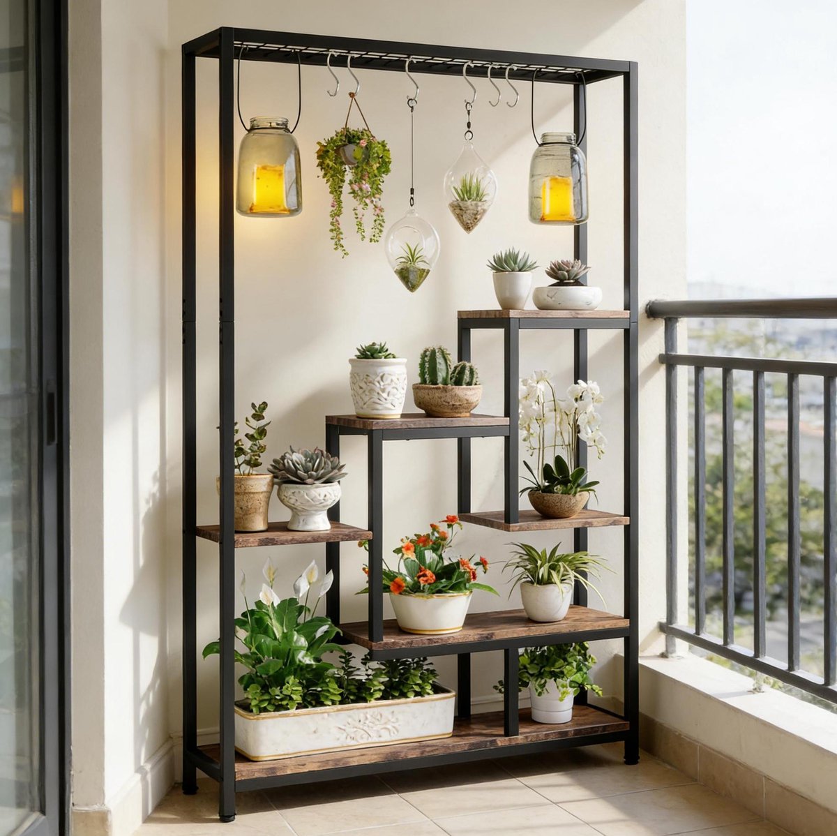 Ladderkast Open 180 x 100 x 30 cm Metaal en Hout Zwart Rustiek Bruin Voor Planten En Decoratie Met 7 Planken En Haken