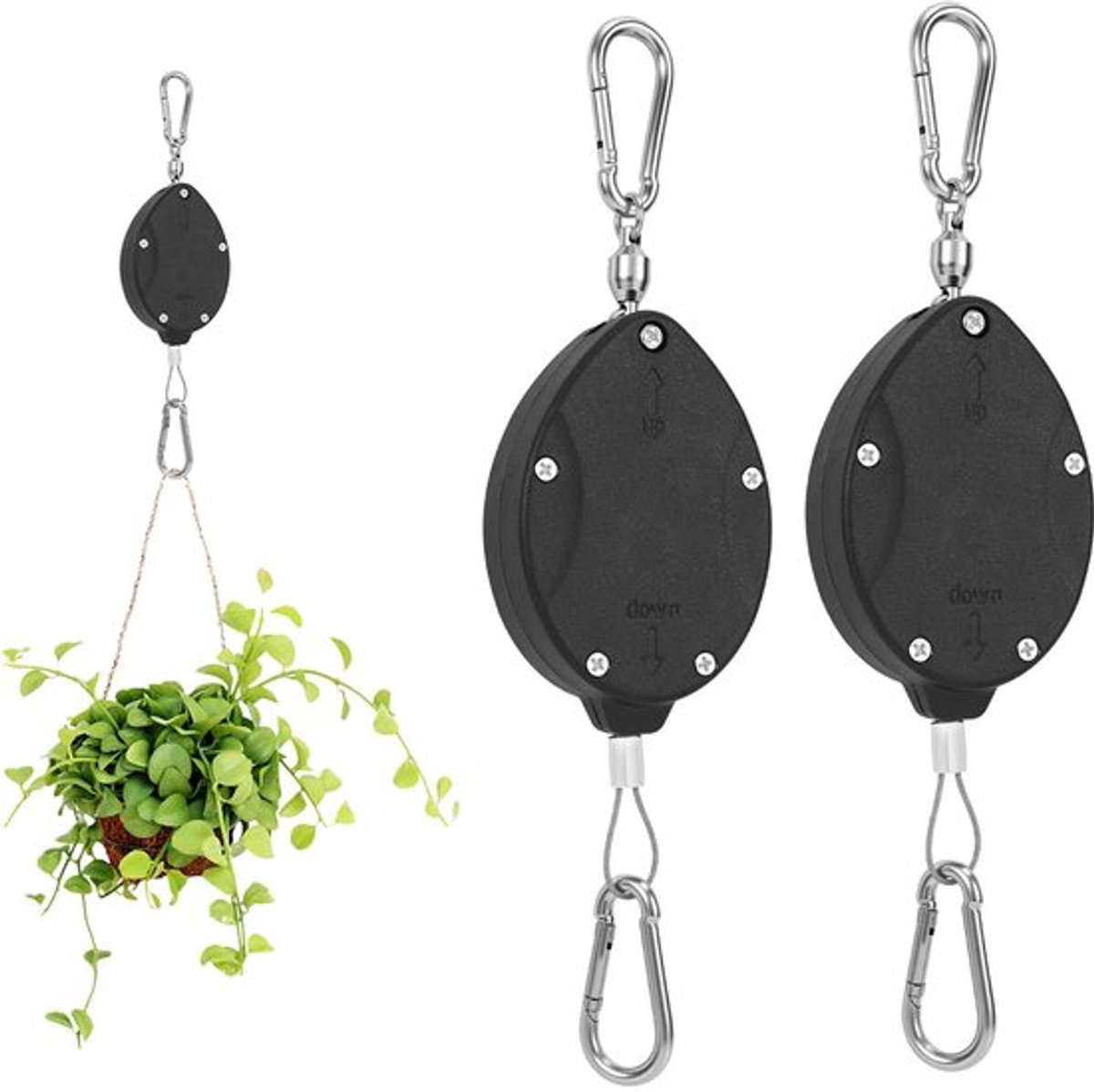 2 Stuks Robuuste Intrekbare Hangers met Verstelbare Katrollen, Roestvrijstalen Kabelkatrol Plantenhanger met Karabijnhaken voor Binnen en Buitenplanten Voederbakken voor Vogels en Potten