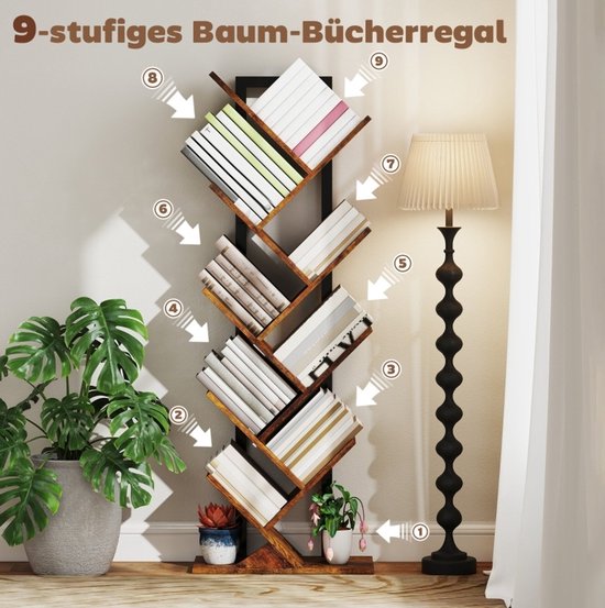 MIVRAY Boekenrek - Boomvormig Met 9 Niveaus - 50 x 24 x 136 cm - Hout En Staal - Rustiek Bruin - Voor Woonkamer En Kantoor — afbeelding 2