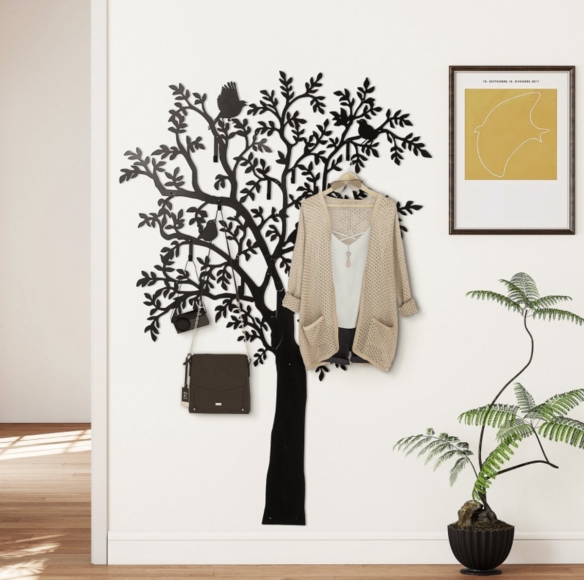 Wandgarderobe Boomdesign Met Vogels 120 X 175 Cm Metaal Zwart Voor Hal Slaapkamer En Praktische Wandopslag Met Acht Haken
