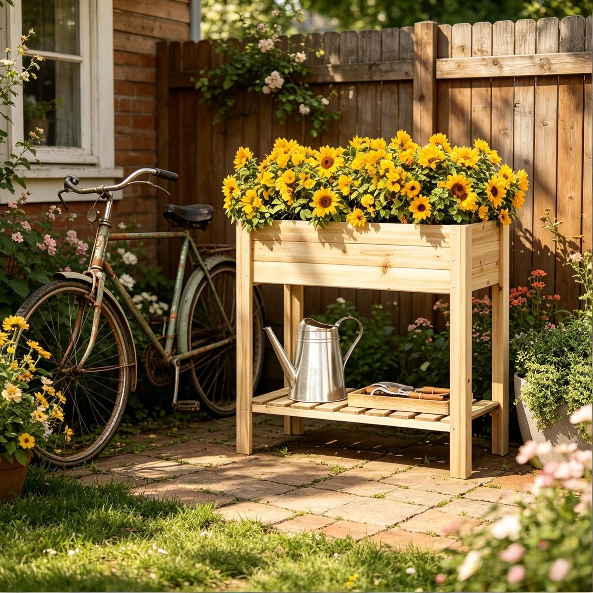 MIVRAY Plantenbak - Met Opbergrek En Verhoogd Ontwerp - 80 X 40 X 75 Cm - Hout - Houtkleur - Voor Balkon, Terras En Tuin