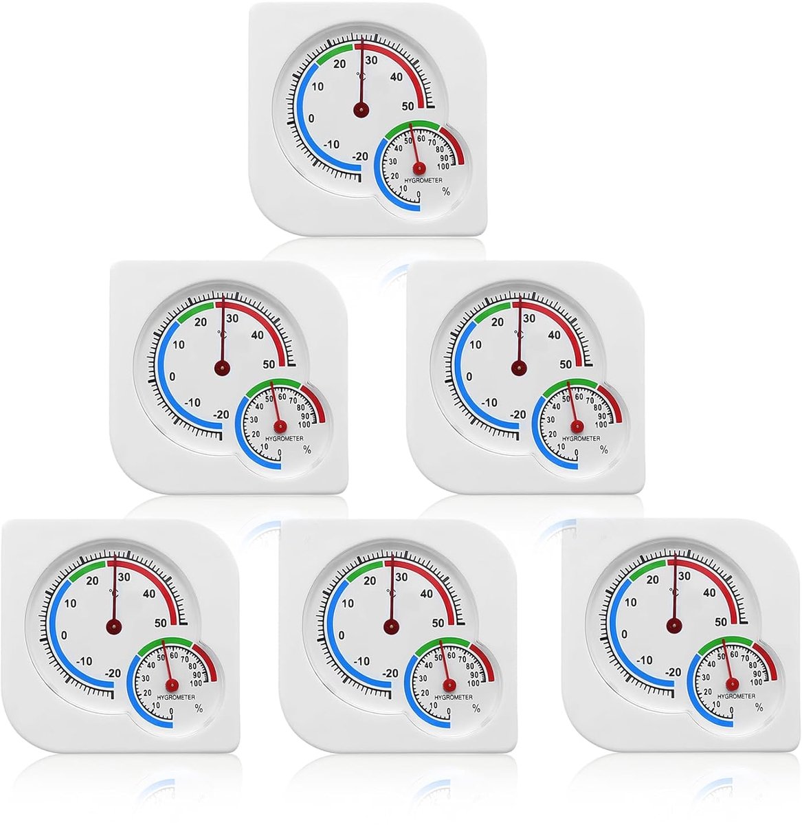 GOEDCH 6 stuks analoge thermo-hygrometer: 7,5 x 7,5 cm, thermometer, hygrometer, 2-in-1, binnen en buiten, analoge - ShopVlot