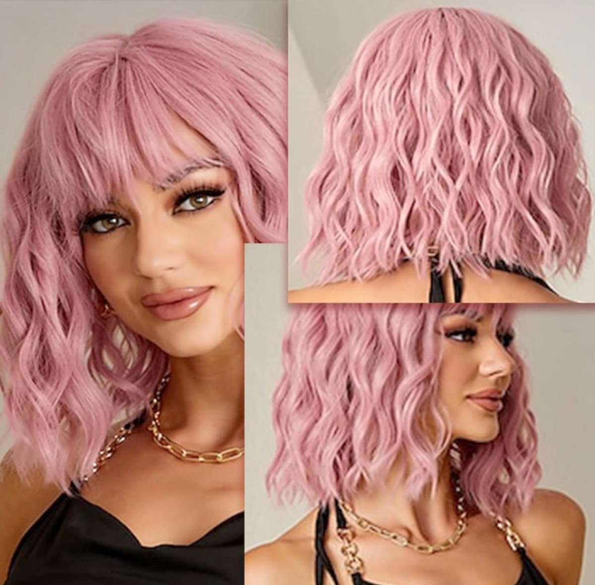 Merkloze Pastel Roze Bob Pruik met Pony - 45 cm Golvend Synthetisch Haar