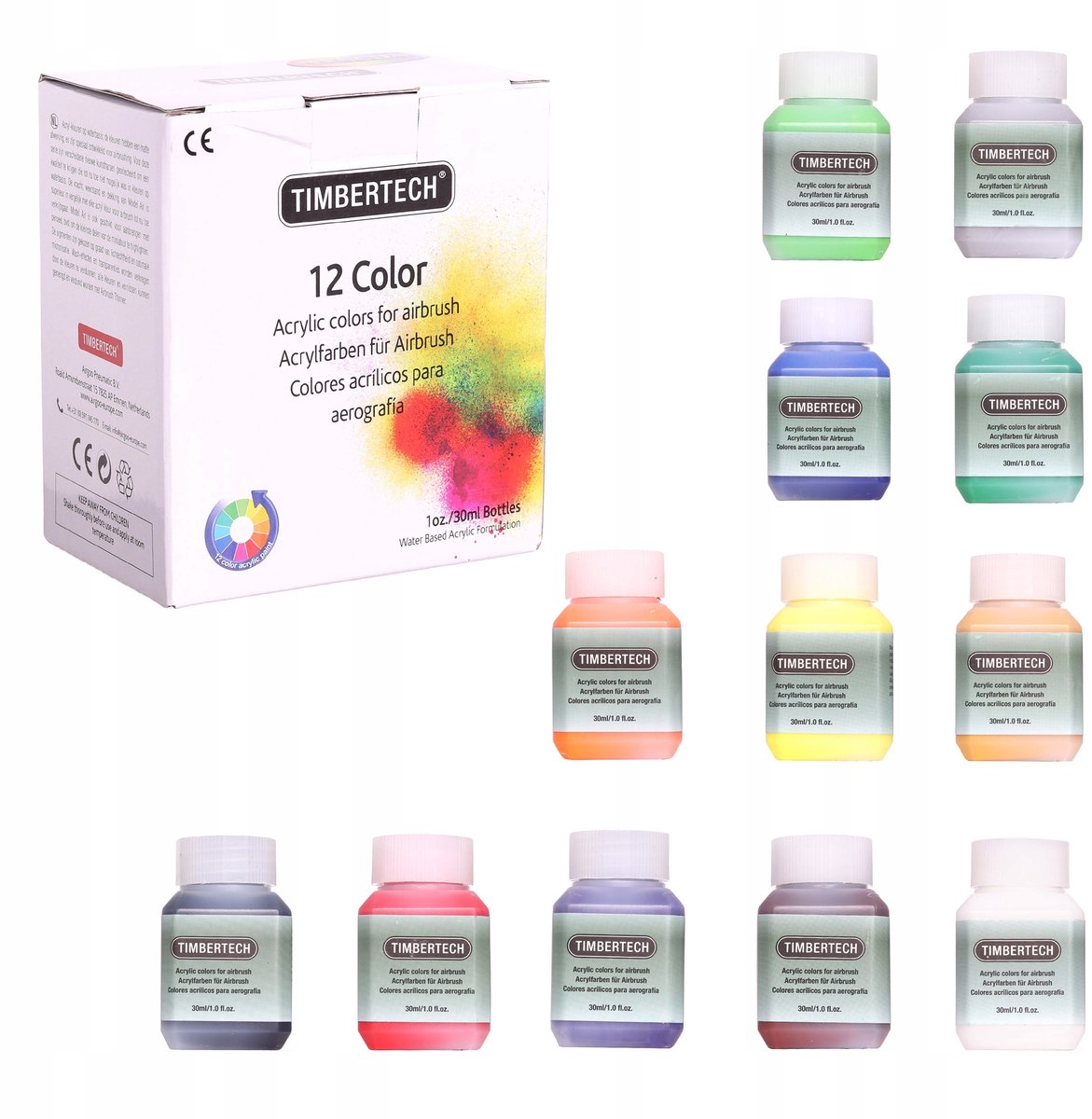 Timbertech Acrylverf Set voor Airbrush - 12 Kleuren 30ml