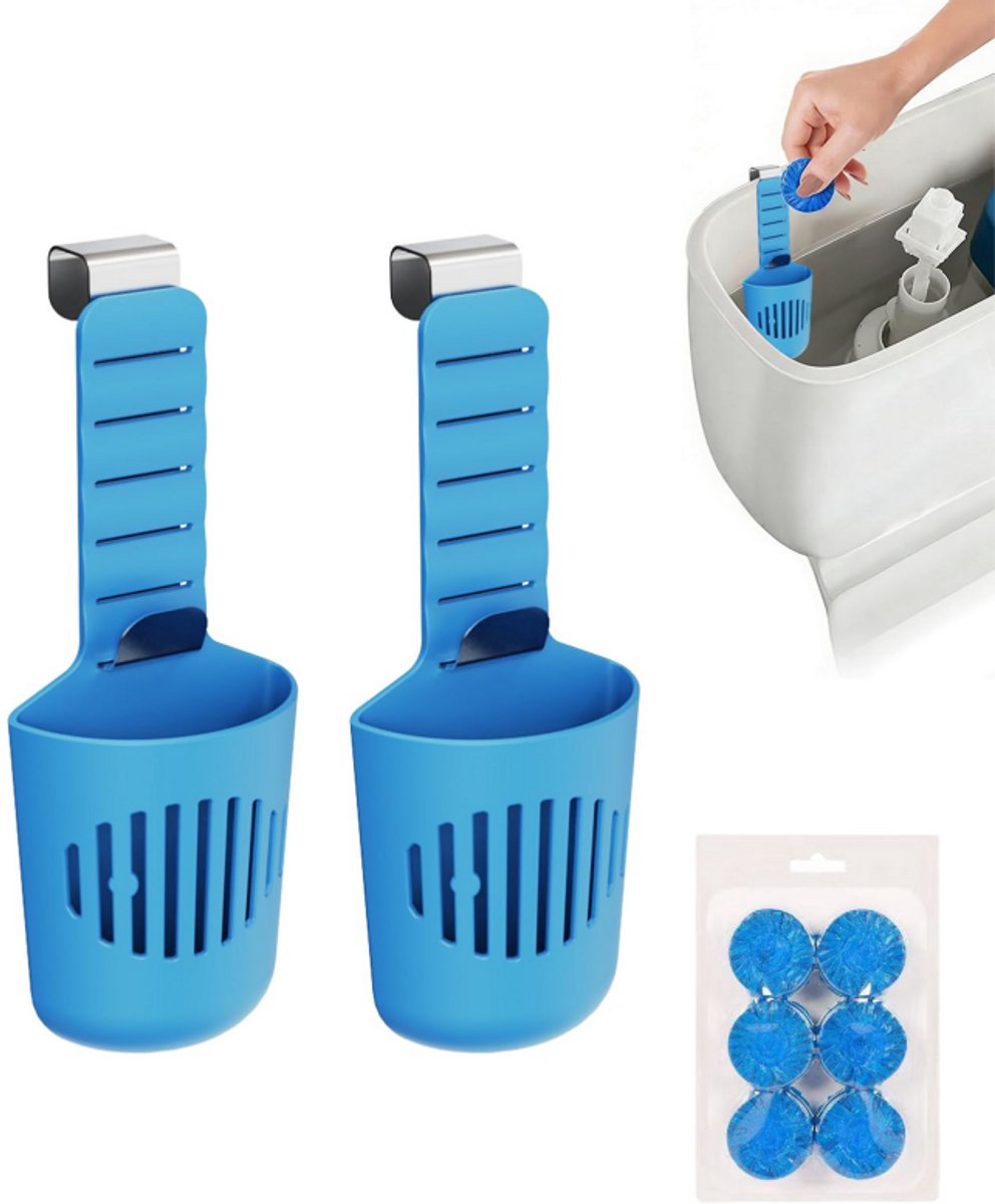 Casalora Toiletblokjes Inbouwreservoir Tablethouder en 6 WC Blokje - Siliconen Houder voor Reinigingstabletten - Hangende Doseerhouder met RVS Haken - Geschikt voor Waterniveau tot 18 cm - Blauw -2