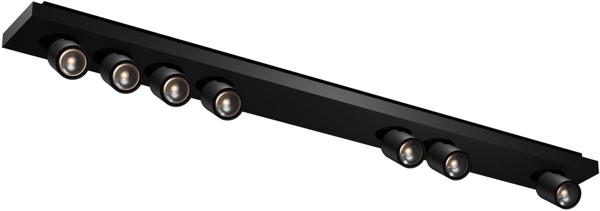 Nysit LED plafondlamp met vierkante cover, 7 GU10-spots 4,5W (2800K) inbegrepen, dimbaar, 1135 mm, zwart staal/aluminium