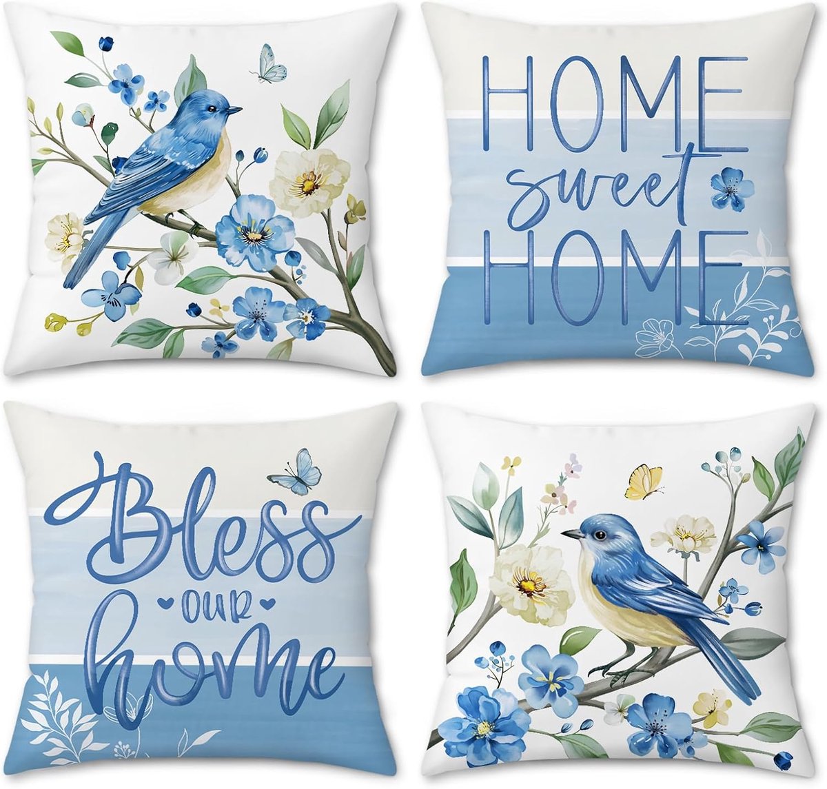 Kussenhoezen blauw bloemen vogels 45 x 45 cm - zacht velvet - set van 4 - sfeervolle decoratie - SnelShoppen