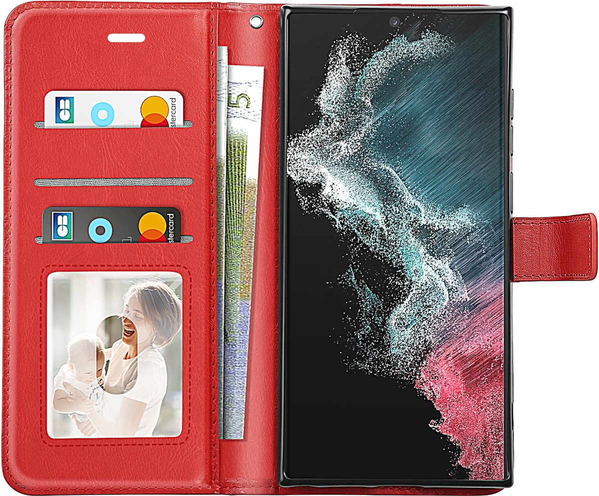 Mayaxess, Portemonnee Hoesje Geschikt voor Samsung Galaxy S22 Ultra met Polsband & Standaard, Rood