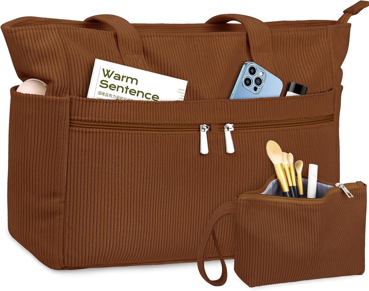 Laptop Corduroy Tote Bag Dames - Grote Capaciteit Schoudertas - Met Rits en Pocket - Ideaal voor School en Werk - SnelShoppen