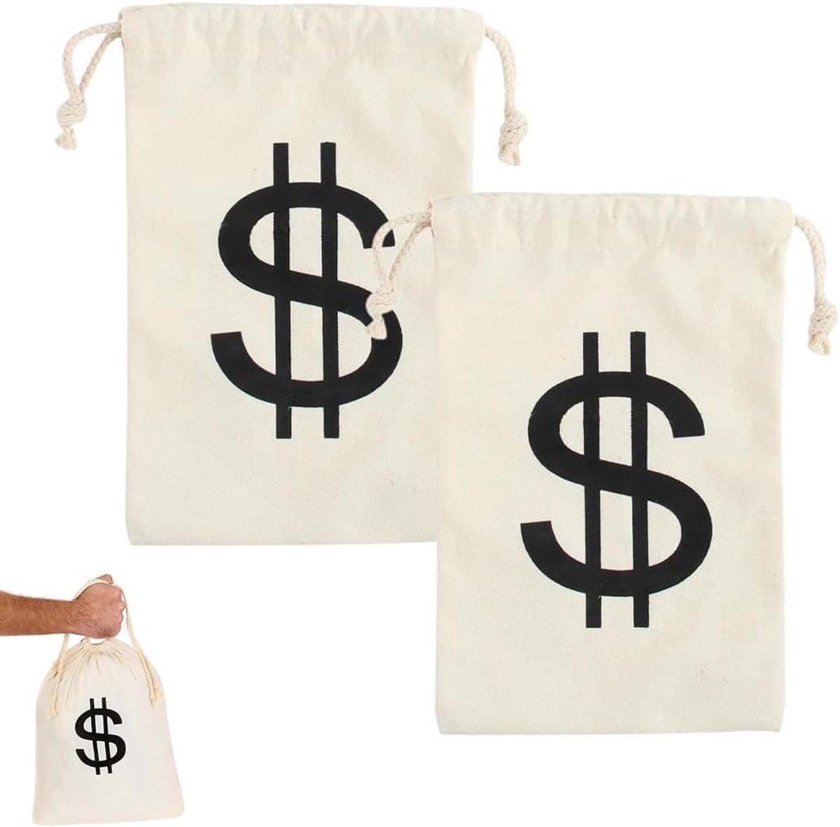 2 Pieces Money Bag with Dollar Signs, White Bank Robbers, Money Bag, Coin Bag, Fabric Bag, Thief Costume, Accessories - ShopVlot