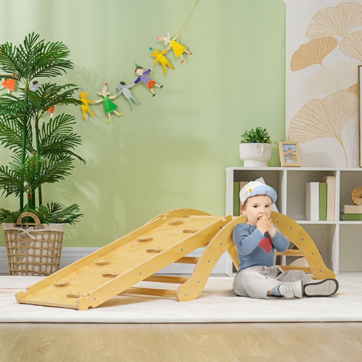 REDOM - Klimrek - 4-in-1 ontwerp - Met bogenbrug, kussen en dubbelzijdige glijhelling - Verstelbare hoek - Binnengebruik - Hout - Natuurlijk hout - 168 x 49,5 x 39,5 cm