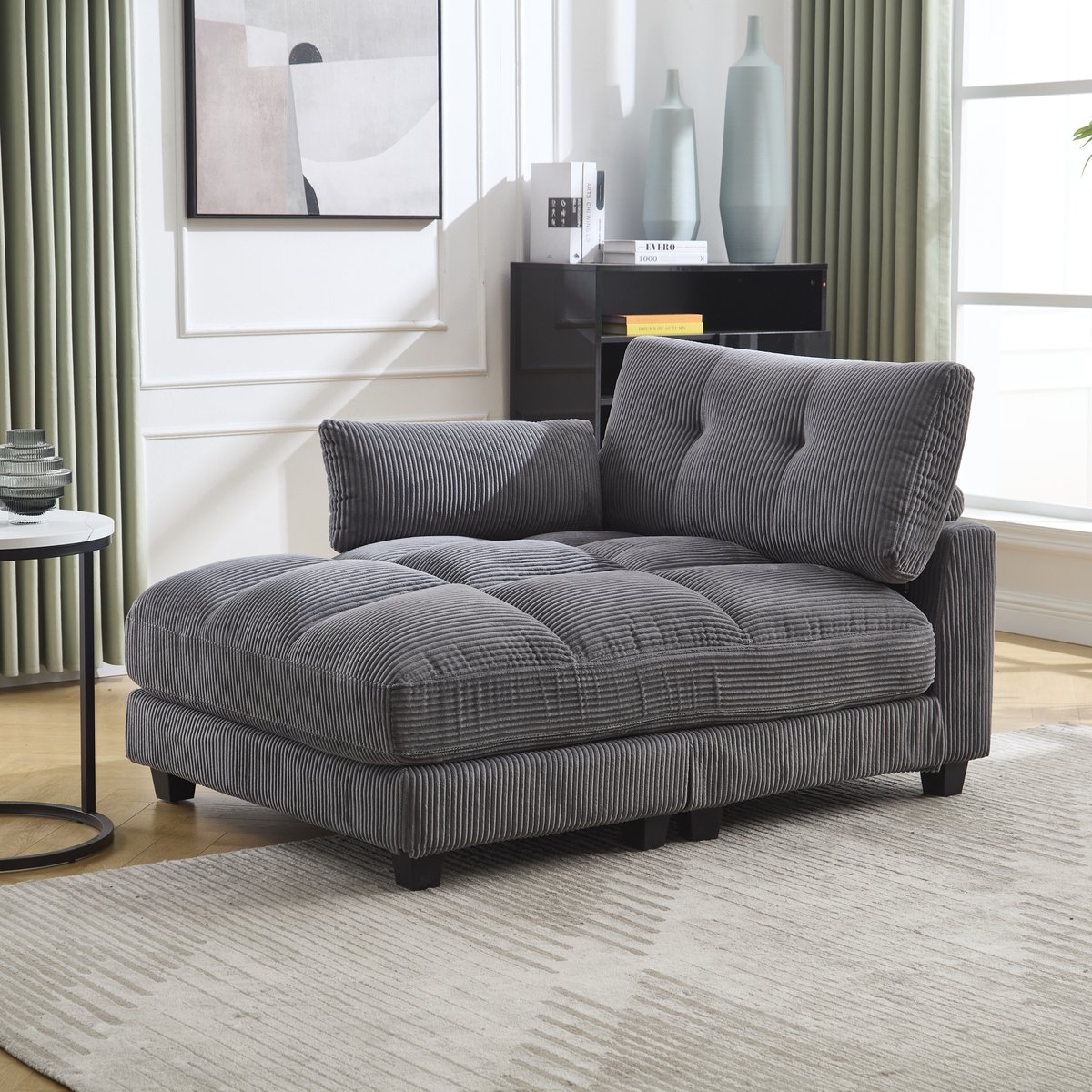 MEUNIQ fauteuil in grijs, 140 x 112 x 81 cm, met brede zitting, dikke vulling, armleuningen, bekerhouder en zijvak voor woonkamer of slaapkamer