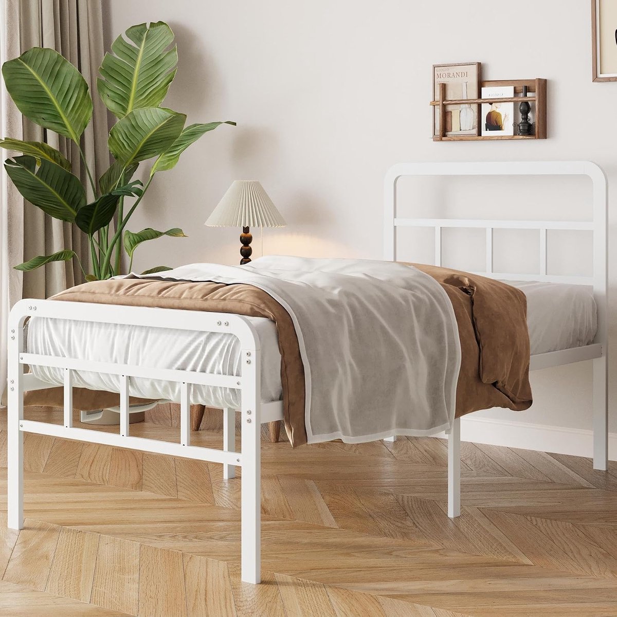 Bedframe 90 x 200 cm met Hoofdbord en Voeteneind | Bedhoogte 46 cm, Stevige Metalen Structuur, Minimalistisch Design, Eenvoudige Montage, Stille Ondersteuning, Wit