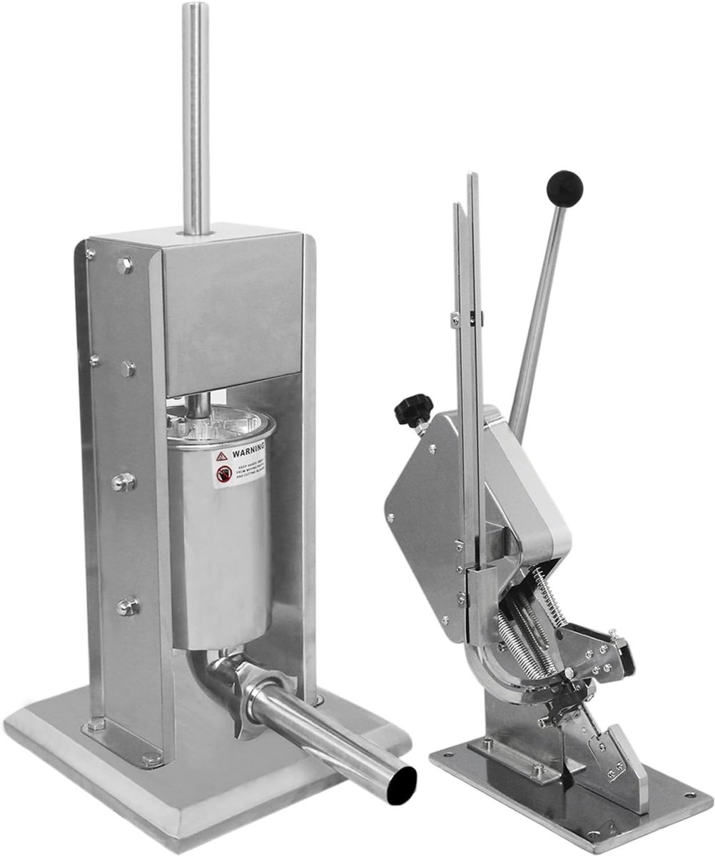 Sausage Stuffer en Clipper Set, Manuele Verticale Keukenmachine, 7 Liter Capaciteit, Duurzaam Roestvrij Staal, 5 Maat Vulmondstukken, 2000 Aluminium U-vormige Clips, Sluitmachine voor Worst