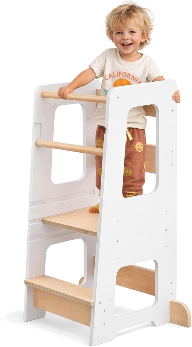Leertoren, Verstelbaar in 3 Hoogtes, Dubbele Beschermingsbalk, Antislip Stickers & Antival Poten - Leertoren van hout - Montessori Speelgoed 3 jaar (Wit)