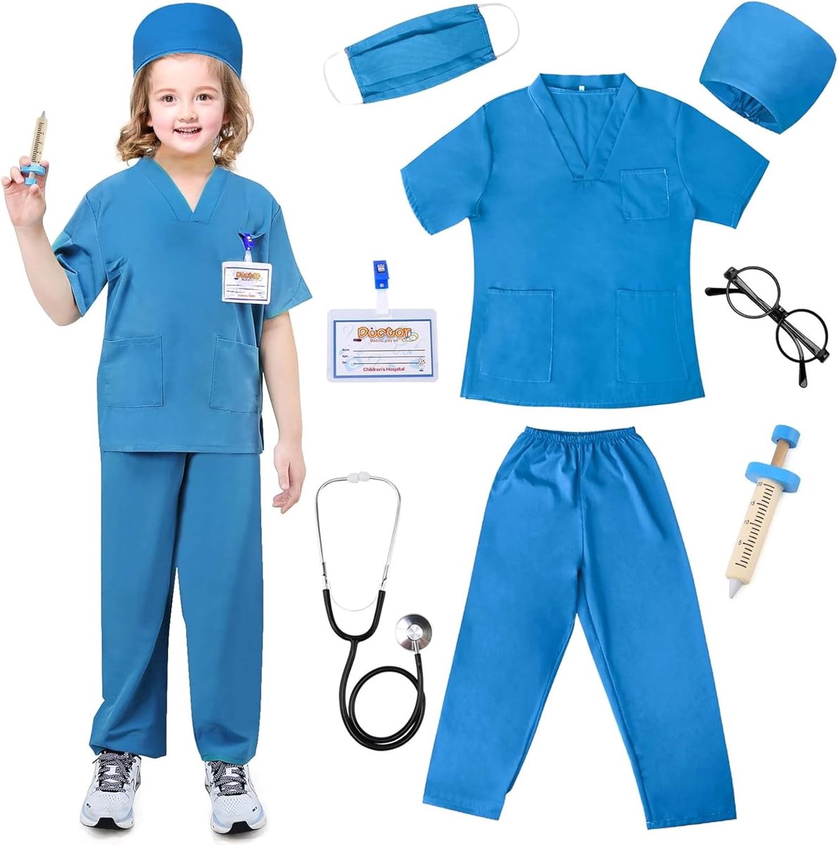 Dokterskostuum voor kinderen, 8-delig, doktersspeelgoed, met realistische stethoscoop, accessoires, tandarts, kostuum, set, geschikt voor meisjes en jongens, 3 jaar
