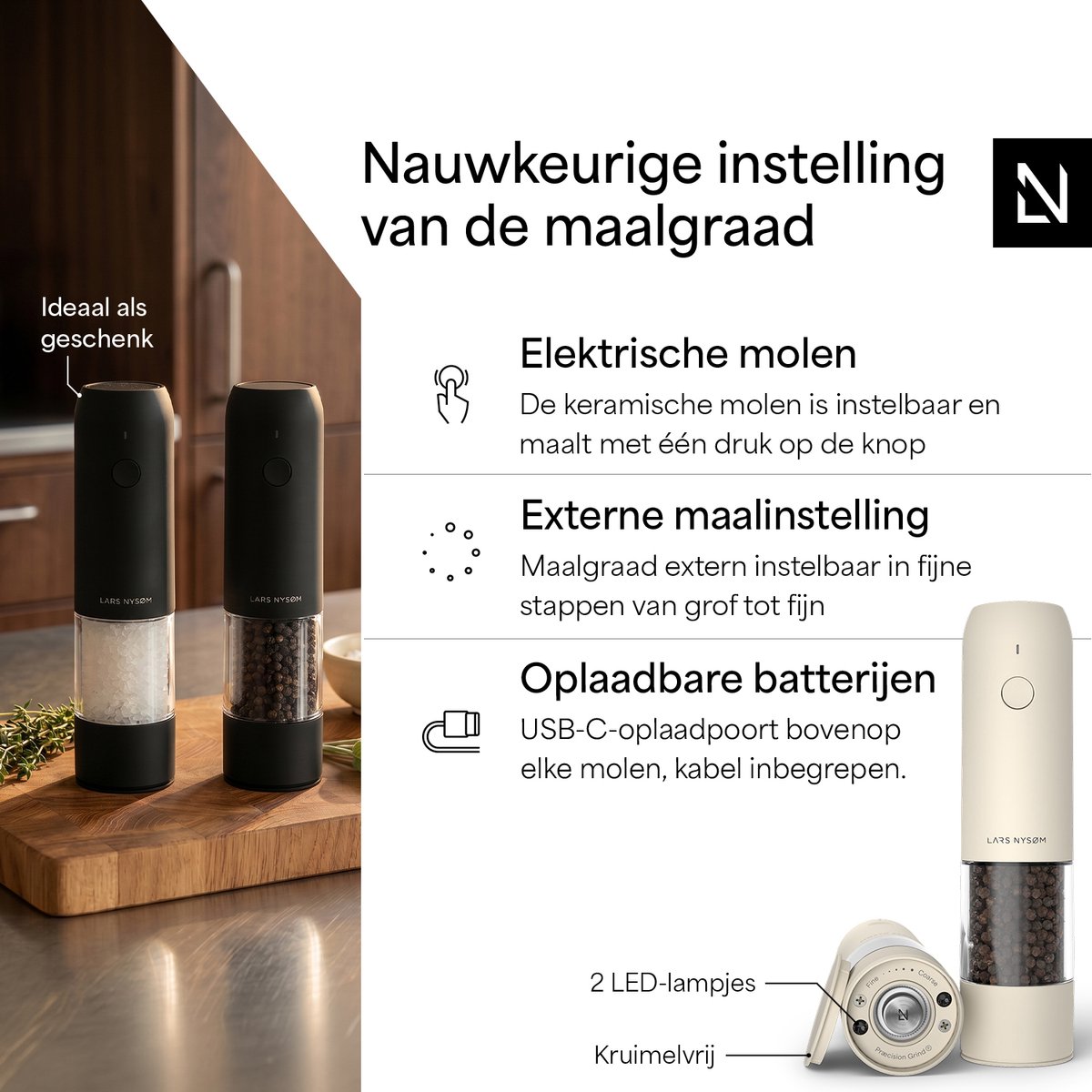LARS NYSØM LARS NYSØM Elektrische Zout- en Pepermolen Set van 2, USB-C Oplaadbaar, Automatische Kruidenmolen, Instelbare Maalgraad, Keramisch Maalwerk, LED-licht, Navulbaar (Cream Beige) — cadeau in Kookcadeaus - foto 3