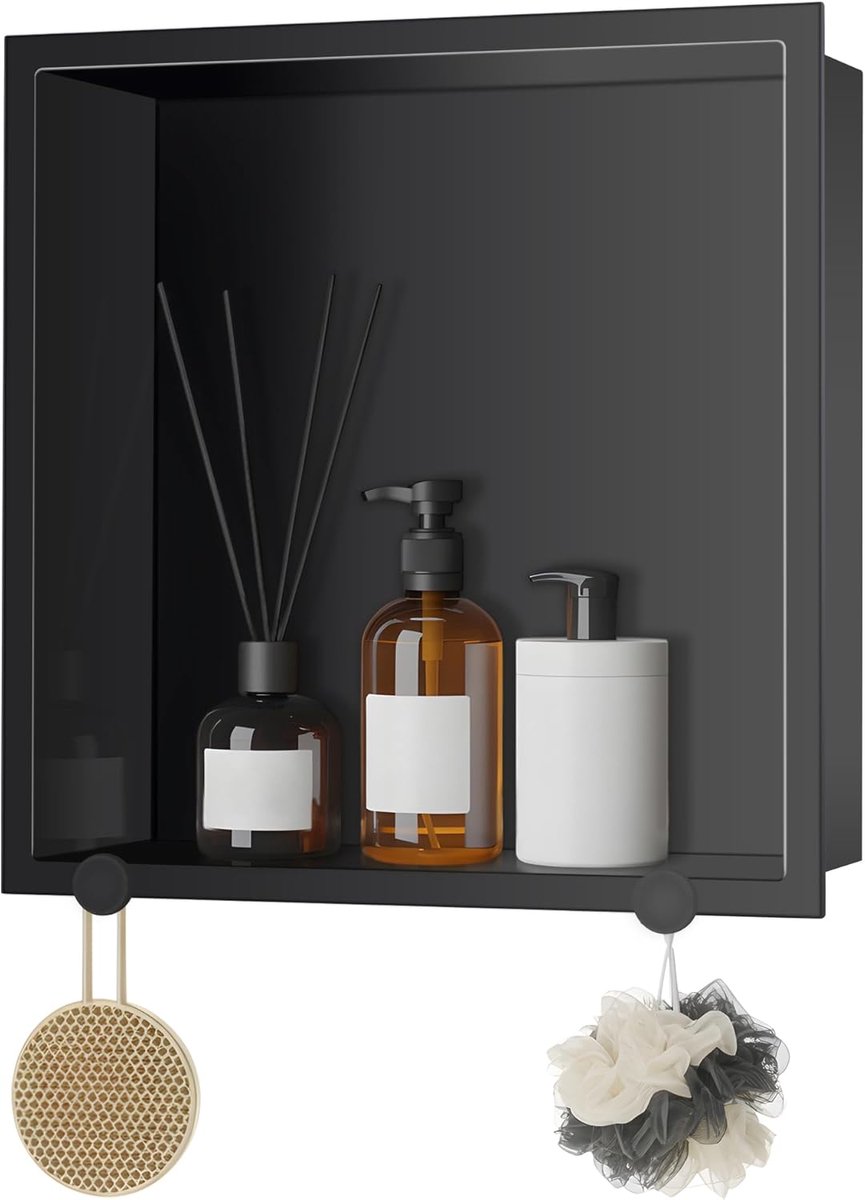 Wandnis van roestvrij staal 33 x 33 x 10 cm, inbouw-douchebak avec 2 haken zwart, ingebouwde enkele plank voor badkamer, wandnis zonder frame van roestvrij staal