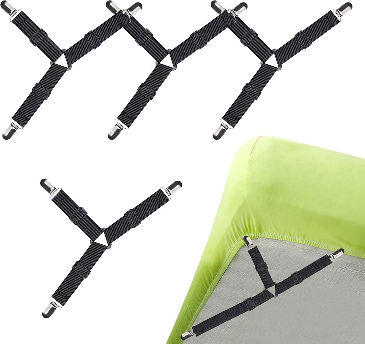 Lakenspanners, driehoekige hoesspanners, lakspanners met metalen clips, verstelbare bedlaken, spanbanden, voor beddengoed, lakens, matras, strijkplank of bank (zwart)