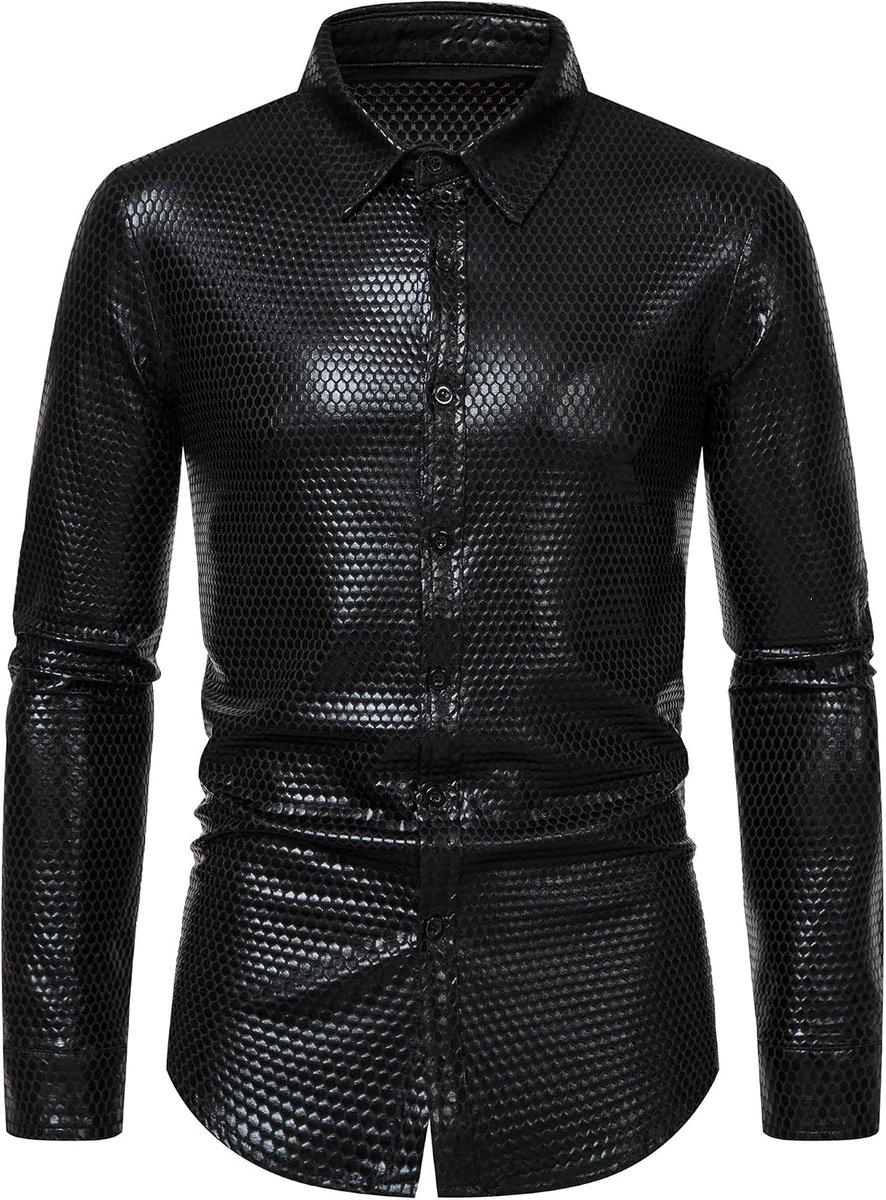 Herenoverhemd, met ruiten, metallic glanseffect, lange mouwen, met knopen, jaren 70, kostuum voor discofeest
