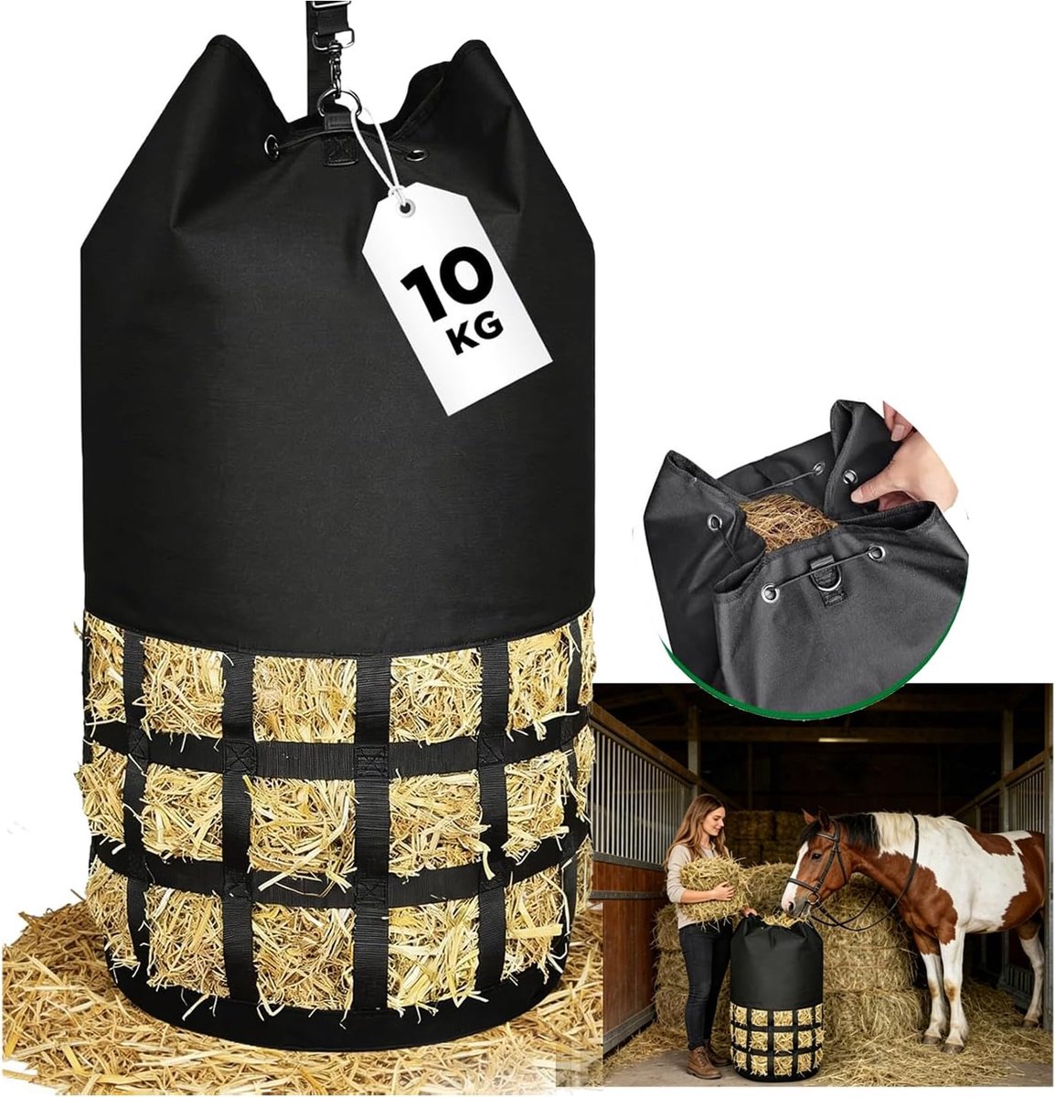 Hooiennet voor paarden, premium XXL, hooitas, 10 kg vulgewicht, extreem robuust net en maaswijdte 6,5 x 6,5 cm, soortvriendelijke voederopname en bezigheid, voor stal, paddock en transport