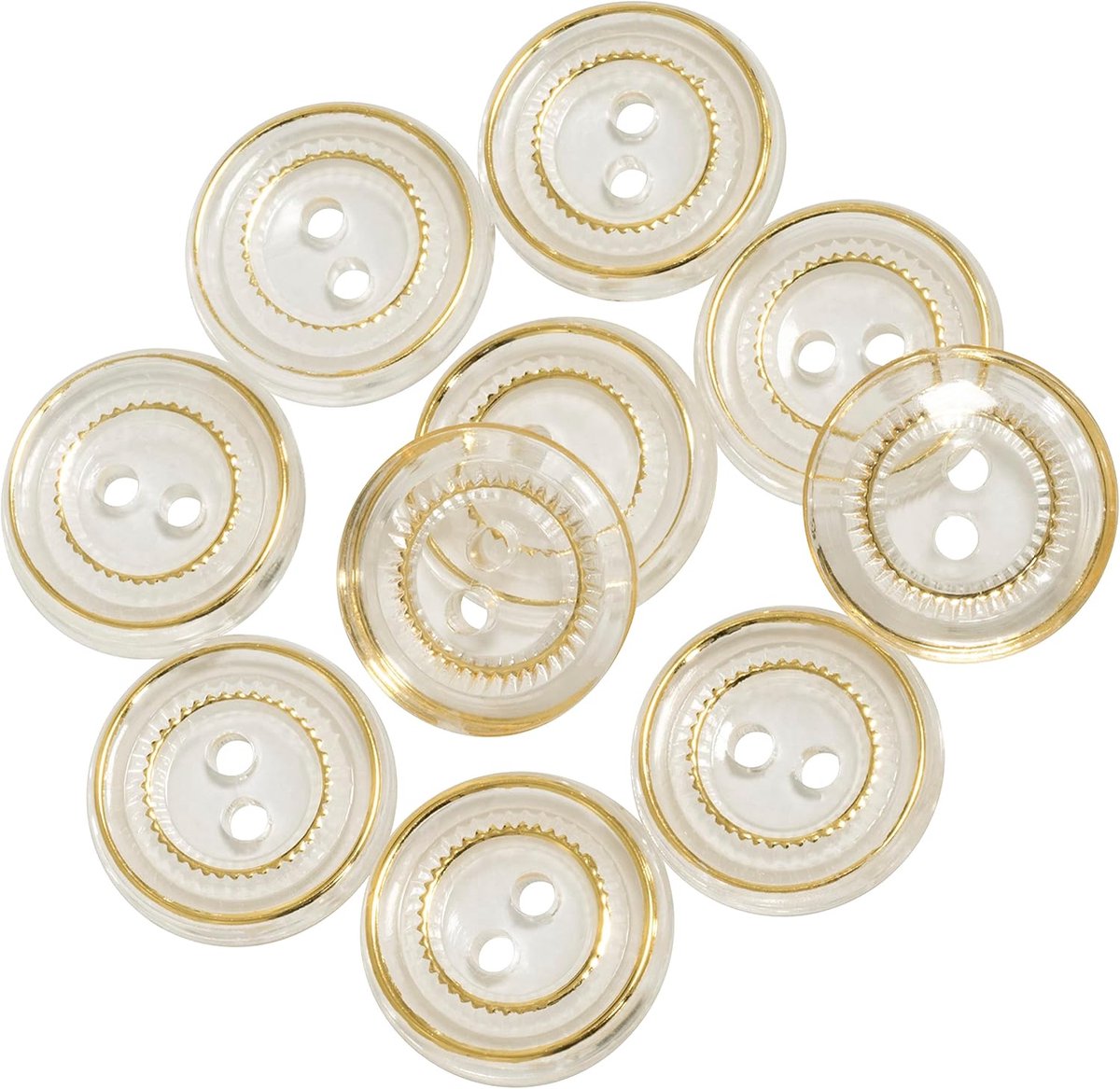 - C65654 - Set met 10 ronde naaiknoppen, diameter 11,5 x 2,5 mm, 18 l, L18 met 2 gaten, kleur: transparant goudkleurig, opening 1,4 mm, van kunststof, korte kleding, naaien, stof