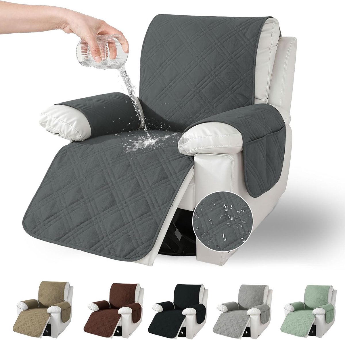 Fauteuilbeschermer met zakken, antislip en wasbare fauteuilplaid voor fauteuils en tv-stoelen, perfecte bescherming tegen dierenhaar, vlekken en slijtage (donkergrijs)