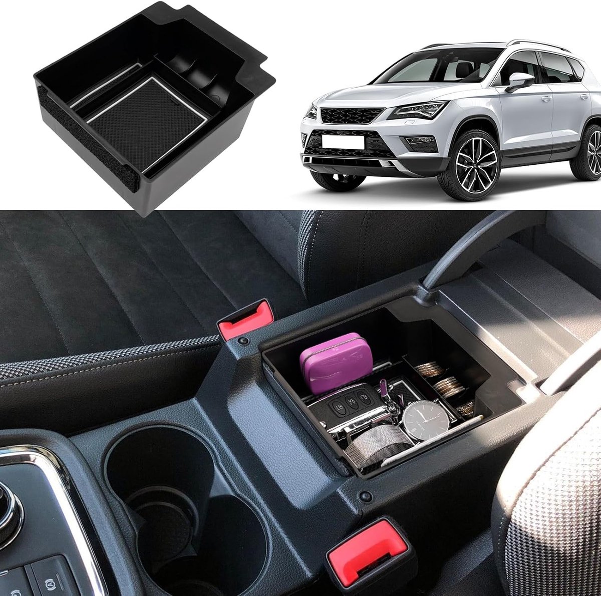 Opbergvak voor armleuningen, compatibel met Seat Ateca 2016-2024, opbergdoos voor middenarmsteun, Seat Ateca accessoires, organizer met antislipmat (wit)