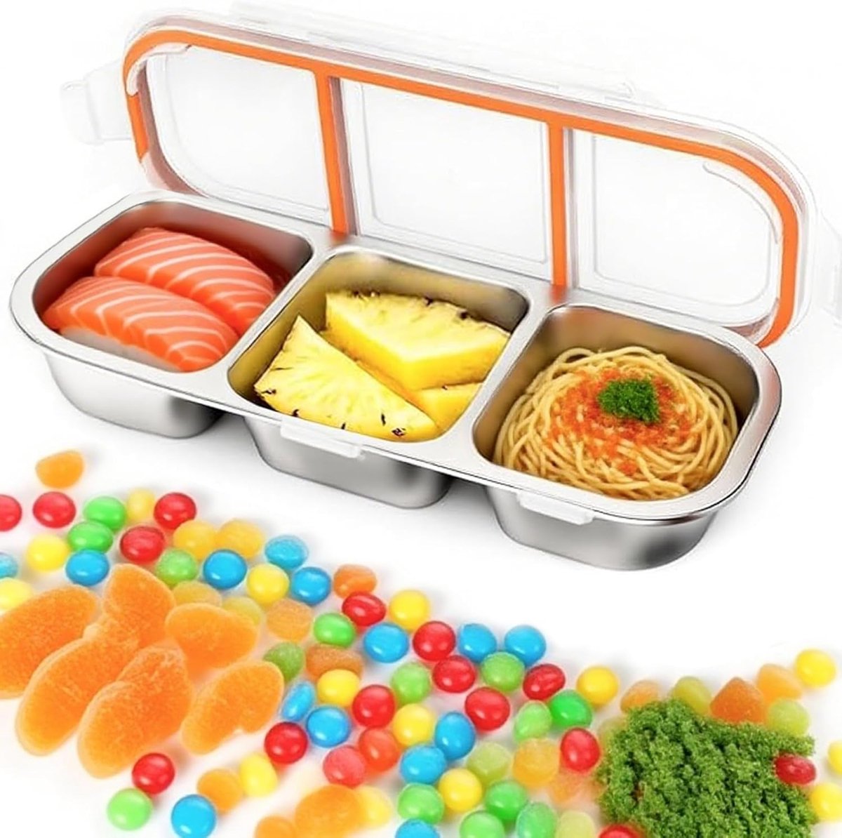 Snackbox met vakken, roestvrij staal, snackbox met 3 vakken, lekvrije snackdoos met vakken, draagbare snackplaten, kleine Bento Box voor het serveren van sauzen, noten, crackers, groenten en