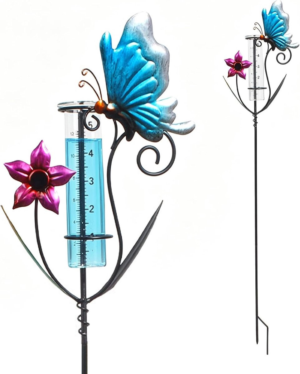 Regenmeter voor tuin, tuindecoratie, regenmeter, vorstbestendig, neerslagmeter met staaf, voor tuin, gazon, landschap, terras, cadeau voor tuinliefhebbers (vlinders, bloemen)