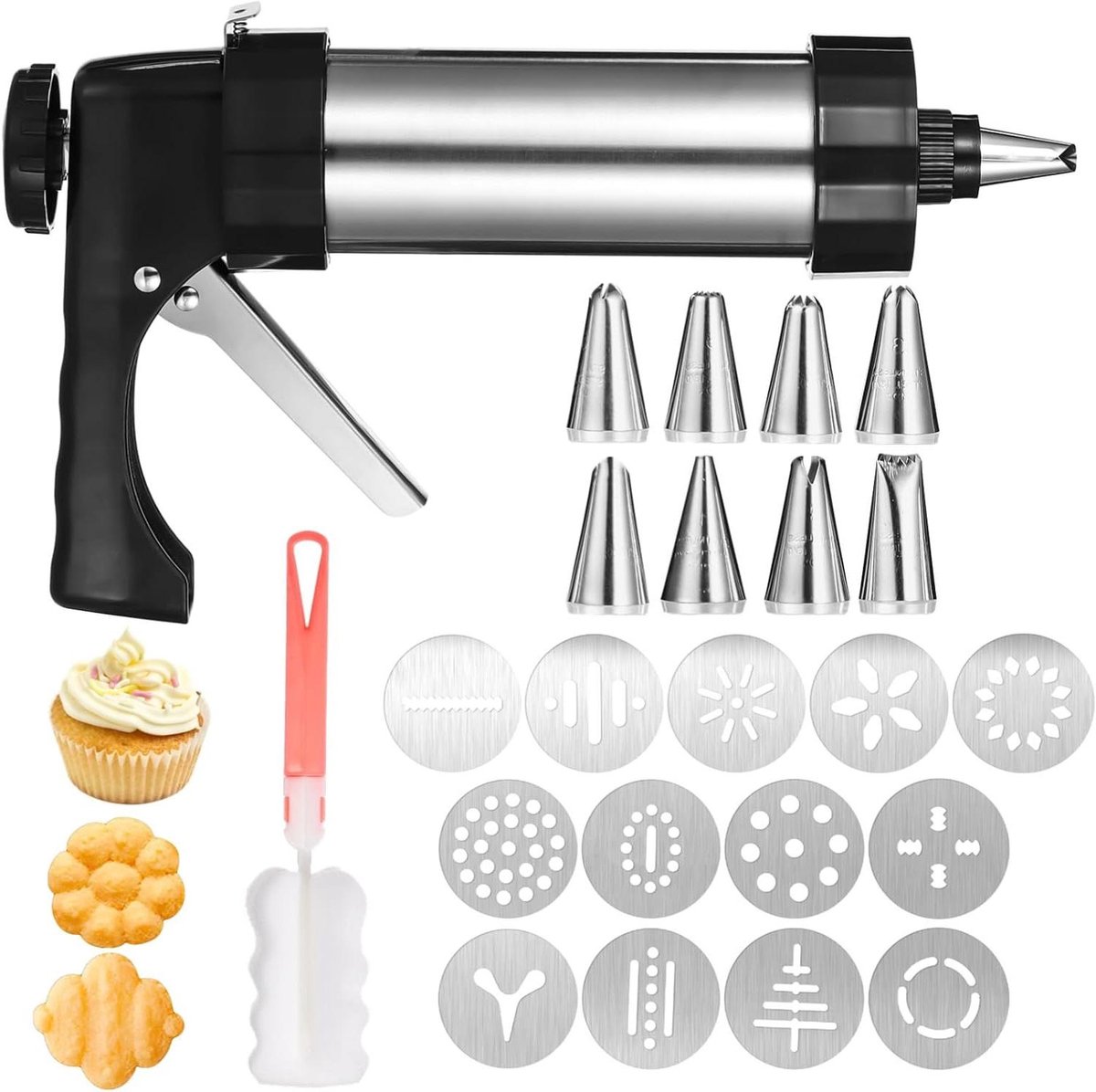 Koekjespers Machine - Koekjesmaker Deegpers - Bakken en Decoreren - Roestvrijstalen Constructie - 13 Schijven 8 Tips - Zwart Zilver