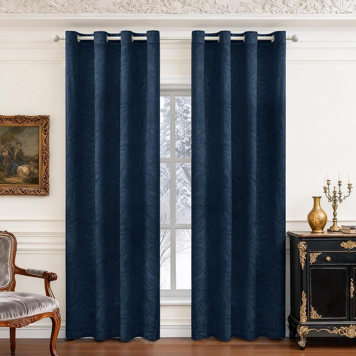 Fluwelen Gordijnen Verduisterend Set Van 2, 140 x 200 CM, Ondoorzichtige Gordijnen Met Ringen, Voor Woonkamer Slaapkamer, Gordijnen Warmte-en Koude-Isolerende Thermische, Donkerblauw