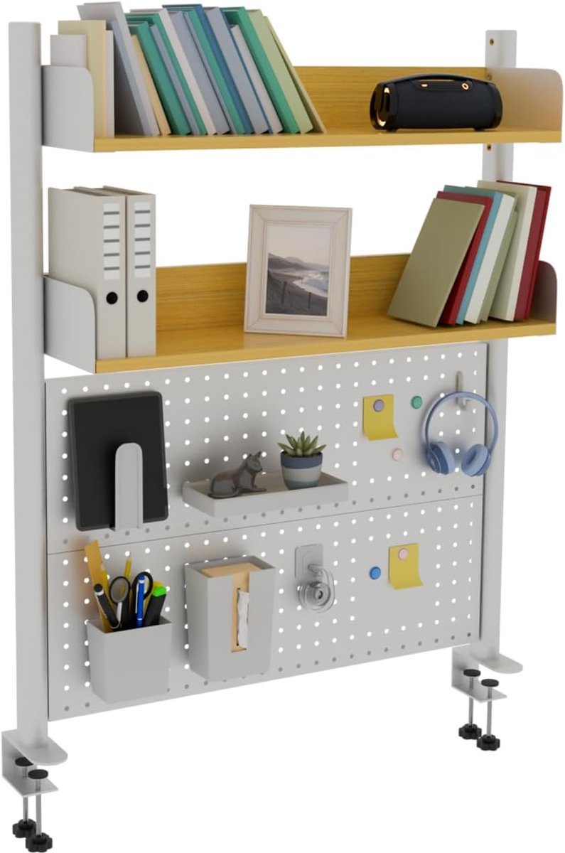Clamp-on 2-Tier Desk Shelf, Beige 80CM, Desktop Organizer met Pegboard, Boekenkast voor de opslag van het bureaublad voor thuis, kantoor of slaapzaal