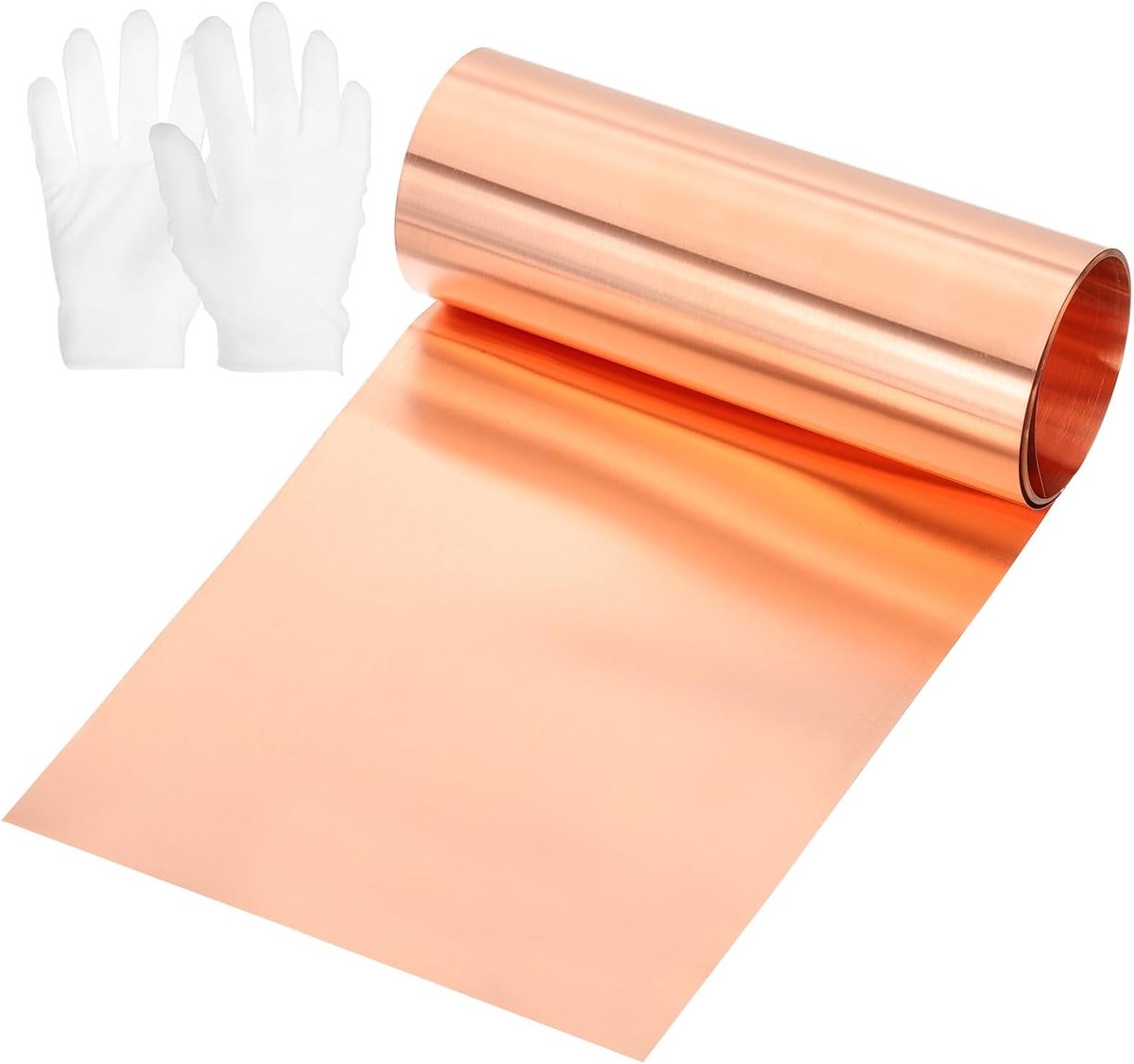 Koperplaatrol, 1000 x 100 x 0,15 mm, 99,9% puur koperen band met witte katoenen handschoenen, knipperende metalen foliestang voor knutselen, elektriciteit, doe-het-zelfproject