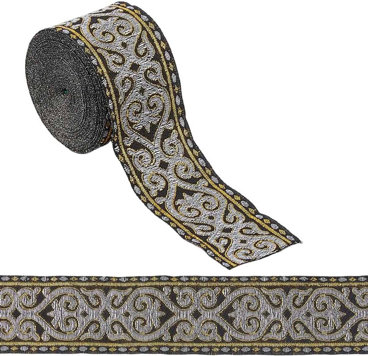 1 rol 7,66 Yards Etnische Stijl Jacquard Lint 50mm Breed Zwart Borduurwerk Polyester Linten Bloemen Stof Trim Lint Voor Diy Kleding Naaien Decoraties