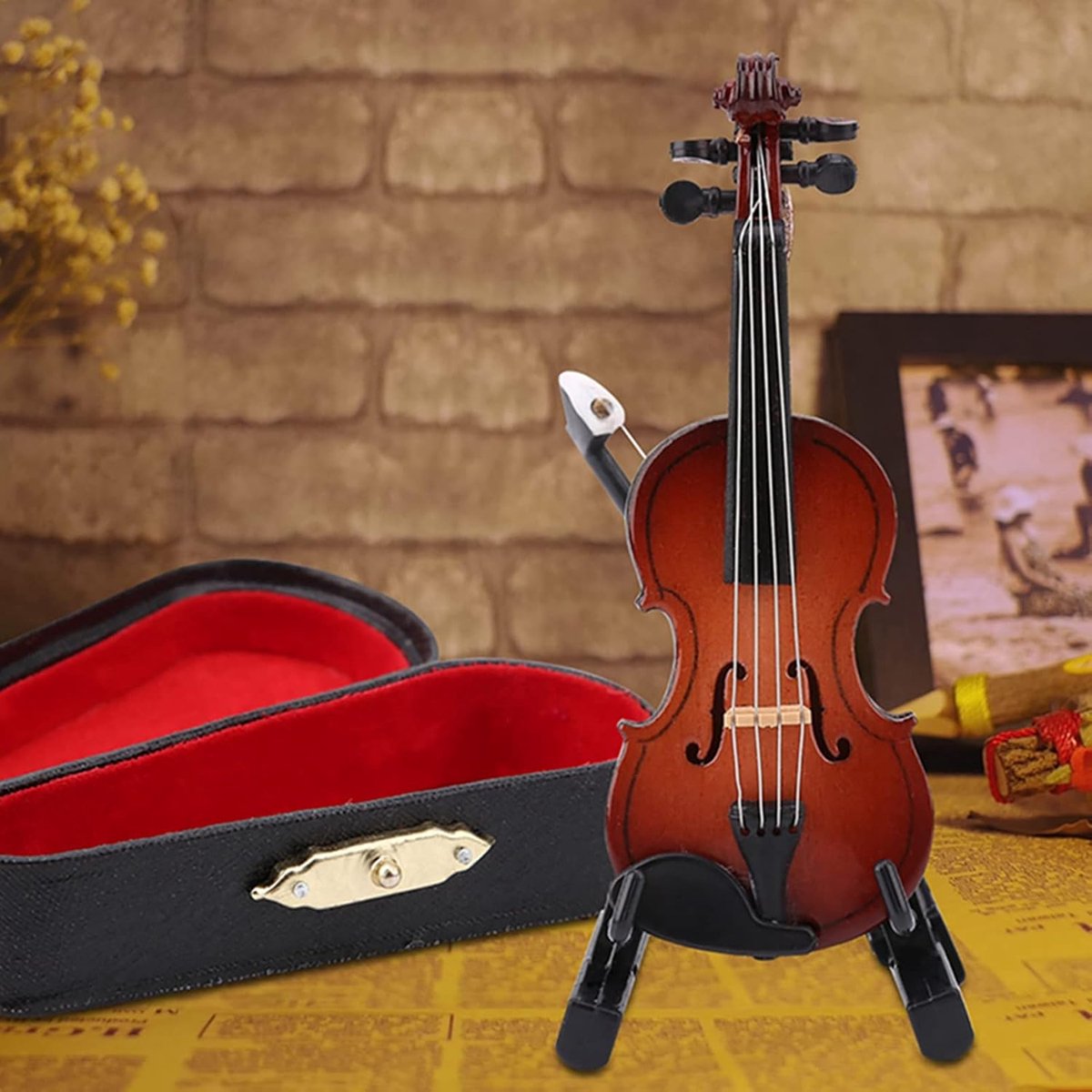 Miniatuurvioolmodel met miniatuurvioolmodel, Minivioolmodel Tiny Violin Worlds kleinste vioolstandaard Koffer Poppenhuisaccessoires Mini Muziekinstrument Decoratie Cadeau