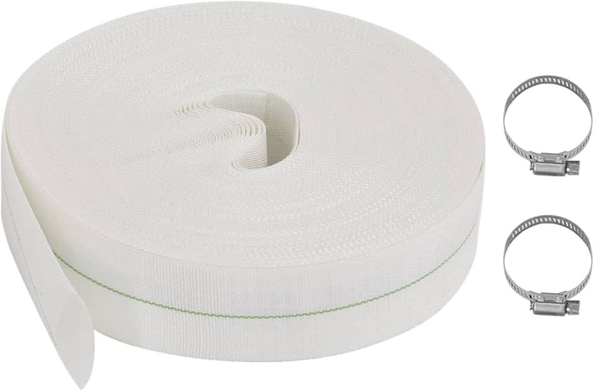 Platte slang, irrigatieslang, waterslang, industriële slang, afvalwaterslang, tuinslang met 2 slangklemmen, afvoerslang 1,5 inch, pvc, lengte: 100 m, polyethyleen, polyester