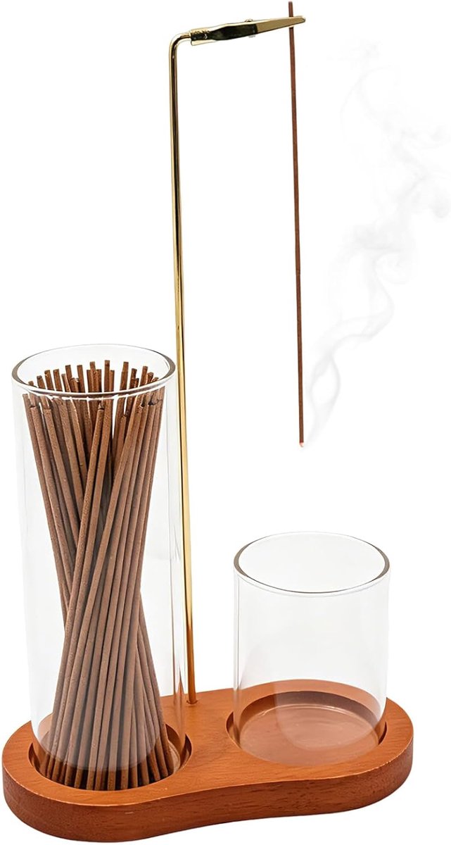 Wierookhouder met glazen asvanger - Houten basis - Voor meditatie en zen - Houdt je omgeving schoon - ShopVlot