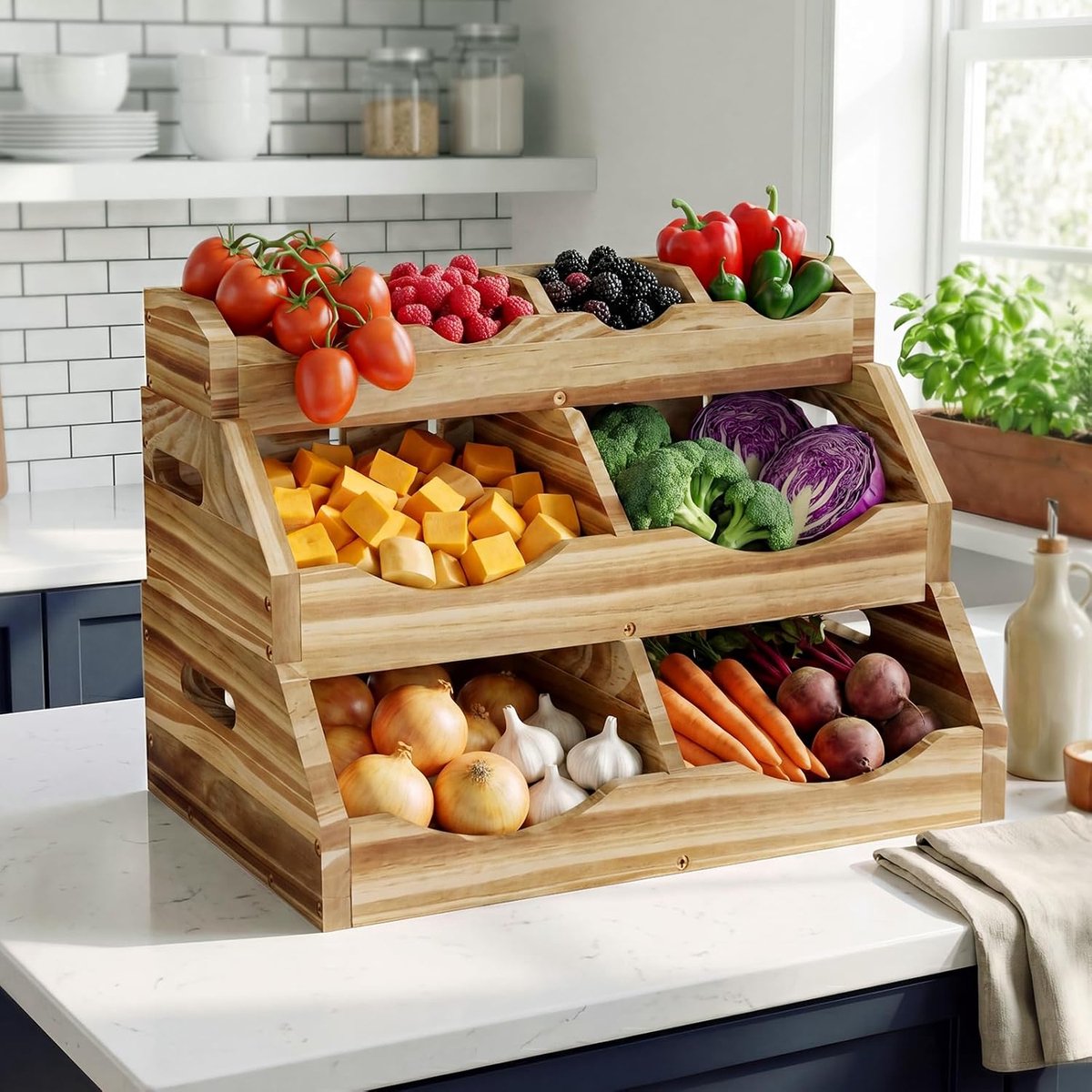 Opbergdoos voor aardappelen en uien - 3 verdiepingen - hout - praktische keukenorganizer - ShopVlot