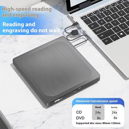 Externe CD/DVD Brander - Optisch Station - Schijven Lezen/Schrijven - USB-C en USB 3.0 - 14 cm - Zwart — afbeelding 5