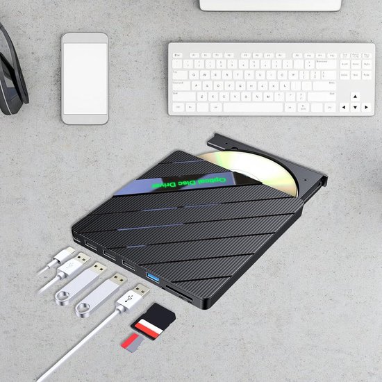 Externe CD/DVD Brander - Optische Drive Lezer Brander - Software Installeren - Geïntegreerde Cardreader Hub - 15.5 cm - Zwart — afbeelding 2