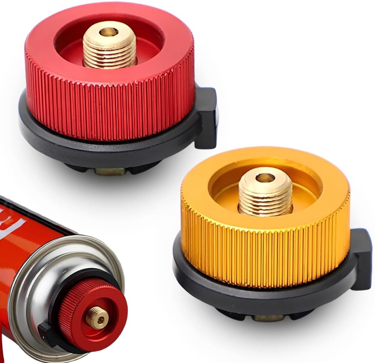 Set van 2 adapters voor gaspatronen – Universele adapter voor kampeerkooktoestellen voor butaan- en gaspatronen | Inclusief rode en gele adapters voor picknicks